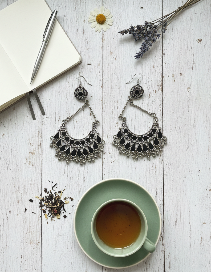 Kevira Oxidised Crescent Ethnic Earrings