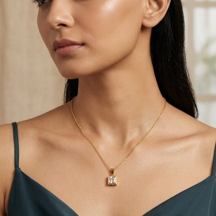 Kevira Minimal Square Crystal Pendant Necklace